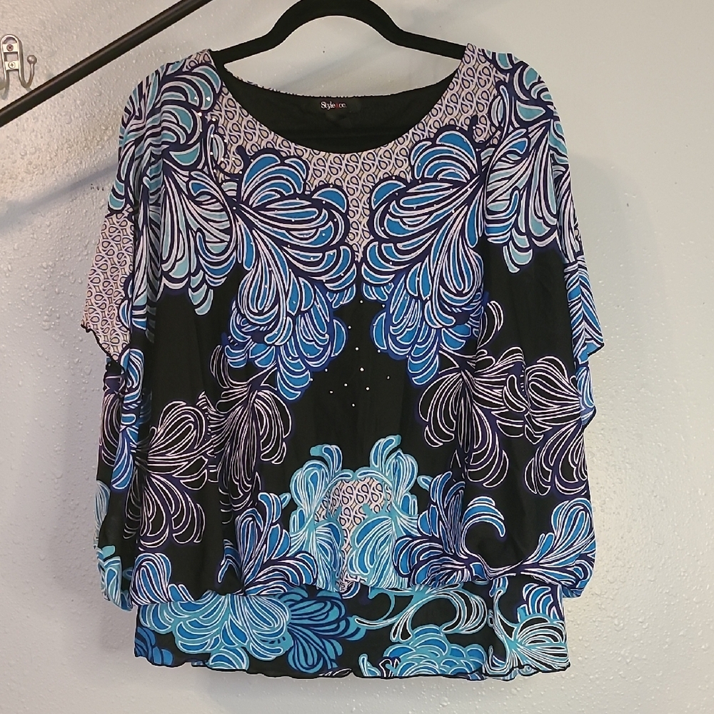 Style & Co. Black and Blue Boxy 3/4 Sleeve Blouse